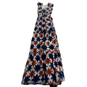Banjanan Maxi Dress in Shibori Clamp Dye Dusty Aqua Blue White Orange